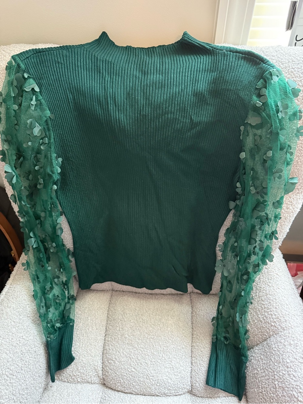 Almost Famous Green Ribbed Top with Floral-Appliqué Sheer Sleeves